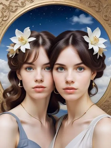 two women, at a suitable distance from each other,two woman with flowers on their hair looking in the mirror,twin flowers,orions,priestesses,tretchikoff,white cosmos,mirror image