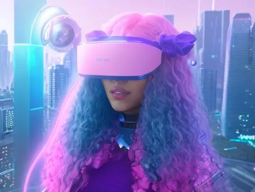 extend the background behind the main subject of the photo to be a futuristic cityscape. Keep the pink purple and blue theme,vr,cyberpunk,futuristic,wig,vr headset,cyber glasses,visor,cyberspace,libra