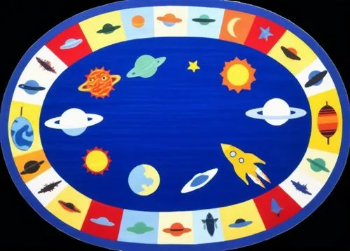 a painting depicting an area with different planets,kiritimati,circular star shield,yupik,huichol,kiribati,life stage icon