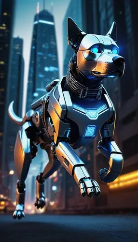 RTX 7090, futuristic robotic dog, metallic body, glowing blue eyes, sharp claws, advanced sensors, shiny armor plating, dynamic pose, running, jumping, cityscape background, neon lights, skyscrapers, 