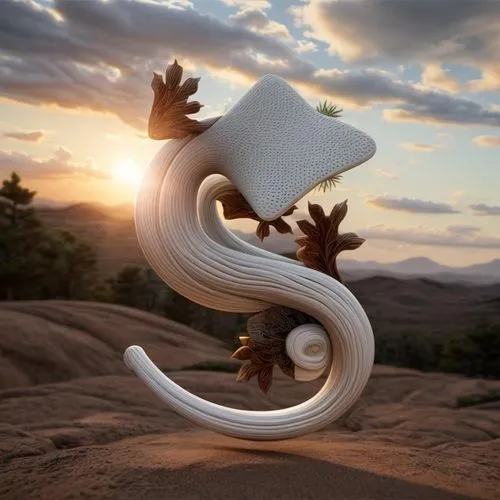 helix,flower in sunset,trumpet of the swan,3d fantasy,heatherwick,mobius,paper art,spiral art,fragrance teapot,curved ribbon,wind machine,virtual landscape,japanese garden ornament,kinetic art,3d art,wind finder,3d render,harp with flowers,3d rendering,photo manipulation