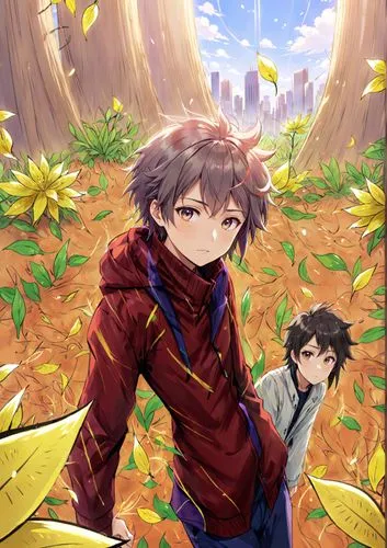 sobre ciudad futurista de fondo,two people with anime background in the foreground,autumn background,isara,eguren,leaf background,easter banner,autumn theme,Anime,Anime,Realistic