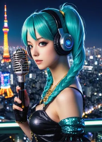 Nico Robin, Vocaloid, turquoise twintails, idol outfit, microphone, sparkles, stage lights, cityscape background, Tokyo Tower, evening atmosphere, soft focus, warm lighting, 3/4 composition, fish eye 