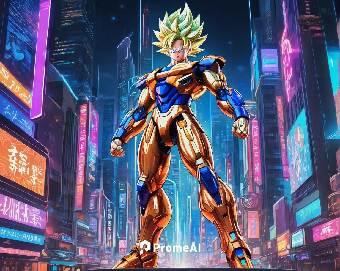 Goku, AI robot, futuristic, metallic body, glowing blue eyes, advanced circuitry, robotic arms, dynamic pose, standing, cityscape, neon lights, skyscrapers, busy streets, night scene, misty atmosphere