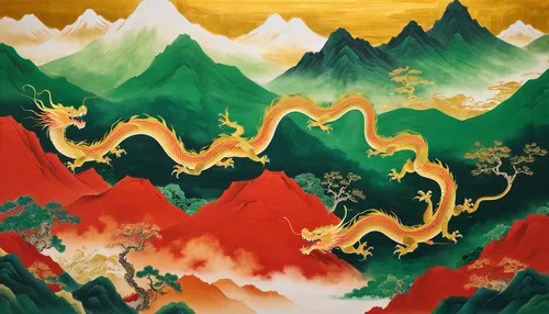 yellow mountains,painted dragon,mountainous landscape,chinese dragon,mountains,moutains,mountain landscape,chinese clouds,yunnan,mountain scene,high mountains,mountainous landforms,fire in the mountains,mountain valleys,mountain ranges,oriental painting,japanese mountains,mountain slope,autumn mountains,tibet,Illustration,Japanese style,Japanese Style 21