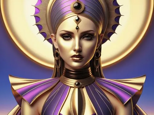 an artistic painting depicting a woman in front of a sun and blue sky,estess,priestess,nephthys,nefertiti,hathor,akhnaten,Illustration,Realistic Fantasy,Realistic Fantasy 45