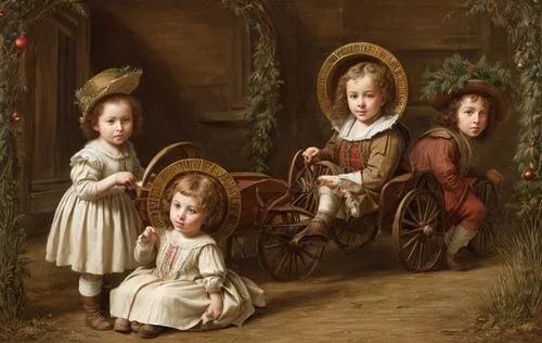 children playing in the church horse drawn buggies during christmas,mulberry family,child portrait,mother with children,ginger family,dolls pram,the mother and children,mother and children,children,no