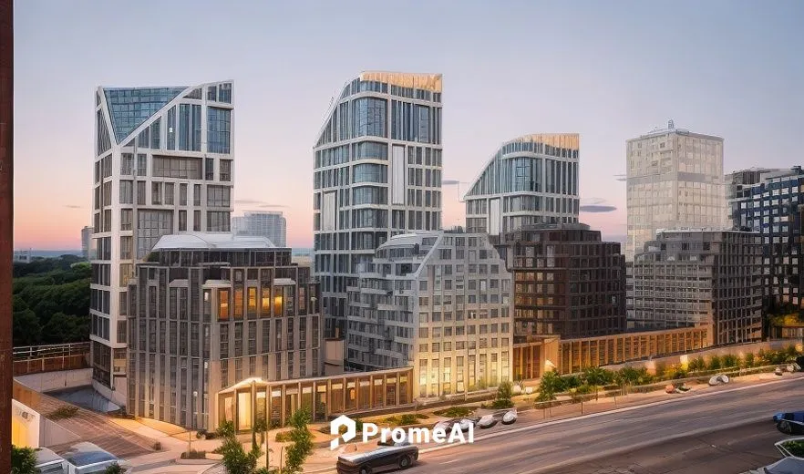 Clear summer night, row of residential brick buildings with architectural lighting, surrounded by glass buildings with white stripes with architectural lighting,hoboken condos for sale,hudson yards,ur