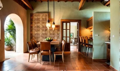 dining room, classic wall panels, lots of details, chandelier, fireplace with fire, open to below,a dining room with a tile floor, table and chairs, and an archway,dining room,breakfast room,spanish t