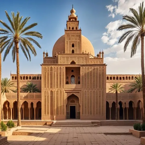 an ornate building with a massive dome next to a courtyard,qasr al watan,university al-azhar,al nahyan grand mosque,al azhar,qasr al kharrana,gharafa,qasr,ibn tulun,islamic architectural,hassan 2 mosq