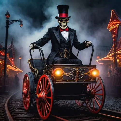 Spooky skeleton, white bony hands grasping, black top hat, red glowing eyes, black tuxedo, ornate gold buttons, eerie grin, rollercoaster cart, rusty metal tracks, dimly lit amusement park, foggy nigh