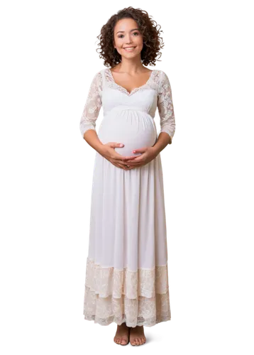 Pregnant stick figure, expecting mother, gentle smile, rosy cheeks, curly brown hair, soft makeup, empire-waist maternity dress, white lace gloves, bare feet, standing with hand on belly, whimsical, c