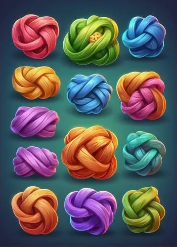 Bundle icon, cute cartoon style, colorful ropes, detailed knots, fabric texture, soft shading, simple background, centered composition, bright lighting, playful atmosphere, 3D illusion, rounded edges,