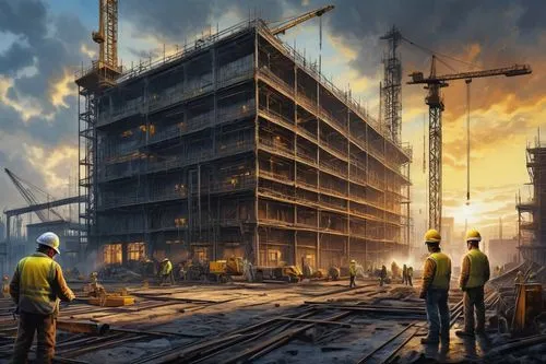 Industrial scene, modern architectural design, welding sparks flying, construction site, steel beams, iron pipes, concrete foundation, crane machines, hard hat workers, yellow vest, safety goggles, we