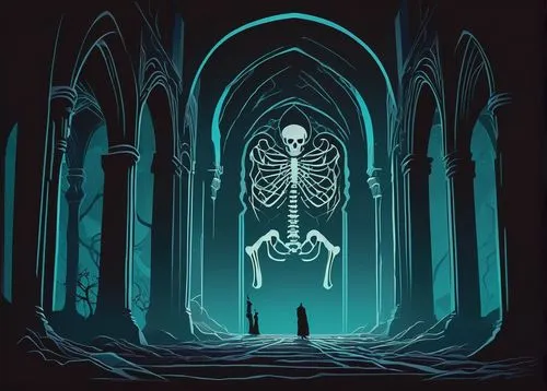 haunted cathedral,patronus,skeletal,skeletons,odditorium,portal,skelly,vecna,boneparth,necrology,danse macabre,afterlife,tron,hall of the fallen,dethklok,geist,skelid,necropolis,necromantic,necromancer,Illustration,Vector,Vector 06