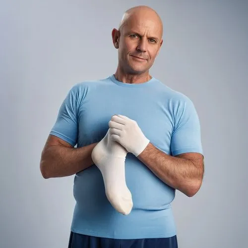 A bald middle aged man holding a weighted sock,medical glove,trainer with dolphin,athletic trainer,sports sock,long underwear,physiotherapist,yoga guy,personal trainer,undershirt,dog clothes,cotton to