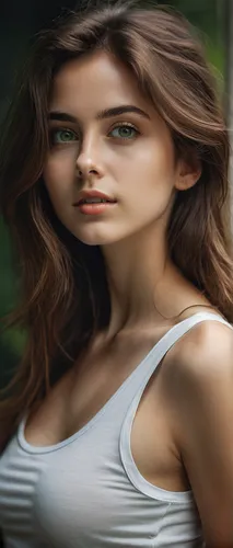 Low-key photographic euphoria, extremely beautiful young woman, messy long brown hair, looking directly at the camera, big round eyes, green eyes, UHD, 8K, masterpiece, skin tight white tank top, big 