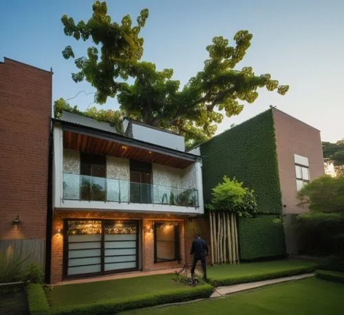 In the heart of an urban oasis, a minimalist-style house complete with high-tech appliances and a small garden is illuminated by a soft glow from the window. The house sits in a minimalistic suburban 