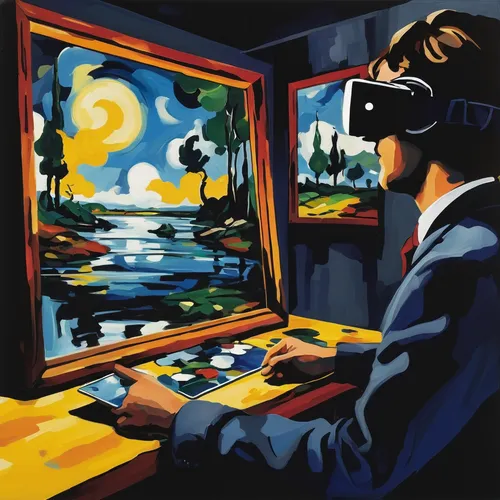 virtual world,virtual landscape,virtual reality,man with a computer,game illustration,vr,computer game,game addiction,trip computer,emulator,virtual,mobile gaming,game drawing,computer graphics,eye tracking,video gaming,portable electronic game,computer games,painting technique,gaming,Art,Artistic Painting,Artistic Painting 37