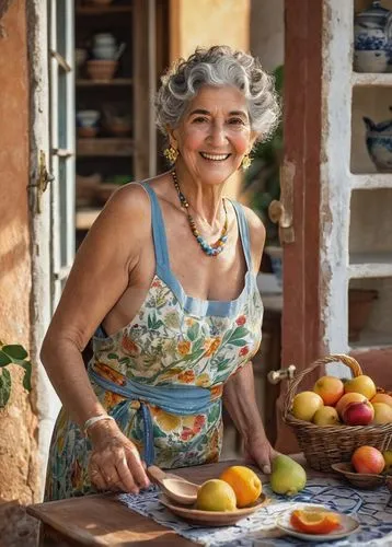 Latina granny, 60yo, wrinkled face, silver curly hair, golden earrings, colorful floral dress, apron, comfortable sandals, warm smile, gentle eyes, standing, kitchen, villa, Spain, terra cotta tiles, 