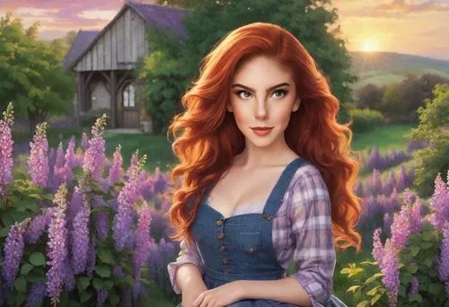 Penelope, smiling young teen redhead, combination of young teenage Ariel Winter Christina Hendricks face, green eyes, long red hair, green eyes, twilight, sunset, wisteria bushes, purple and pink sun 