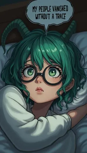 Draw in anime style 1 only: An extreme close up of a nerdy, glasses-wearing, horned, green-haired, evil druid girl, tucked into bed laying on her side. Her eyes are open. She looks alert. A large spee