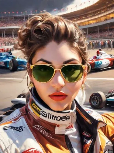 a girl wearing sunglasses in front of a racing car,race car driver,scherfig,auto racing,automobile racer,race driver,forza,Digital Art,Impressionism