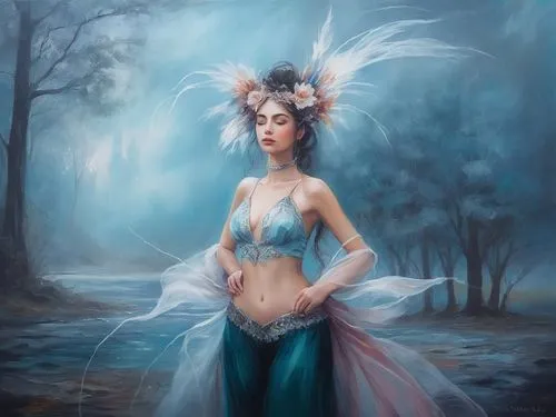 faerie,faery,blue enchantress,fantasy art,fairy queen,fantasy picture,fantasy portrait,water nymph,fairie,dryad,ballerina in the woods,faires,naiad,amphitrite,tuatha,delwyn,persephone,sorceress,fantasy woman,feather headdress,Illustration,Paper based,Paper Based 04
