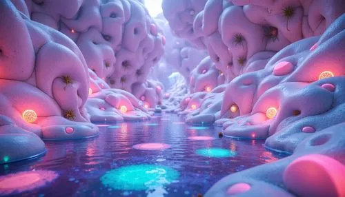 Vibrant blob-like structures, iridescent colors, shimmering effects, neon lights, glowing accents, pastel hues, soft gradients, futuristic atmosphere, surreal landscapes, dreamy ambiance, ethereal qua