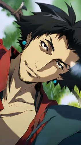 mugen from the anime Samurai Champloo. realistic photo. shaggy young swordsman with a narrow face, an arrogant smile, very overgrown black hair, slanted evil eyes. In a red kimono,anime character, he'