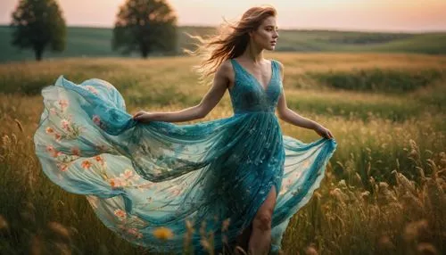 girl in a long dress,evening dress,girl in a long dress from the back,countrywoman,country dress,faerie,meadow,evgenia,long dress,wheatfield,veruovic,dmitriev,yellow grass,faery,demarchelier,bohemian art,eveningwear,boho art style,passion photography,torn dress