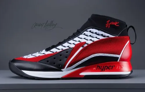 Battleknit upper, perforated leather, sock collar with logo, large logo on lateral, sport sole "hyper" lettering, red, black, and white color scheme  ,Multi colored sock upper sneaker ,airness,carmine