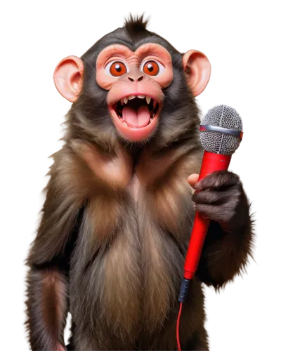 Cartoon monkey, making funny faces, big round eyes, fluffy fur, red mouth, tongue out, hands holding a microphone, dynamic pose, colorful background, soft focus, warm lighting, 3/4 composition, shallo