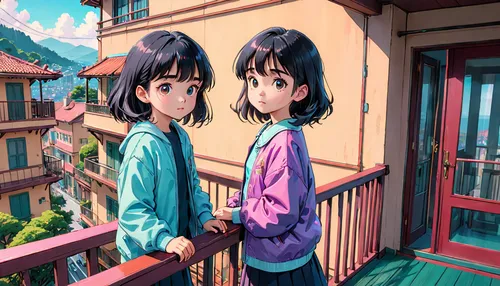 hiyayakko,two girls,anime 3d,girl and boy outdoor,anime cartoon,outside,hands holding,holding hands,childhood friends,anime japanese clothing,studio ghibli,shirakami-sanchi,neighborhood,pekapoo,street scene,hand in hand,rooftops,hold hands,neighbourhood,on the roof,Anime,Anime,General