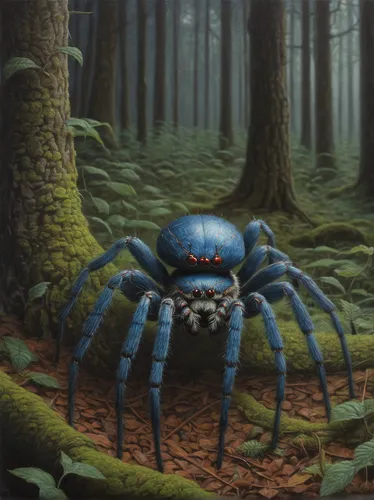 Imagine an AARP spider living in a magical forest, granting wishes to those who find it.,tarantula,funnel web spider,arachnid,edged hunting spider,walking spider,arachnophobia,widow spider,arthropods,