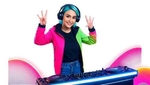 Dynamic DJ, young adult, trendy hairstyle, casual wear, headphones, mixing console, colorful lights, futuristic background, energetic pose, one hand on controller, another hand raised, vibrant colors,