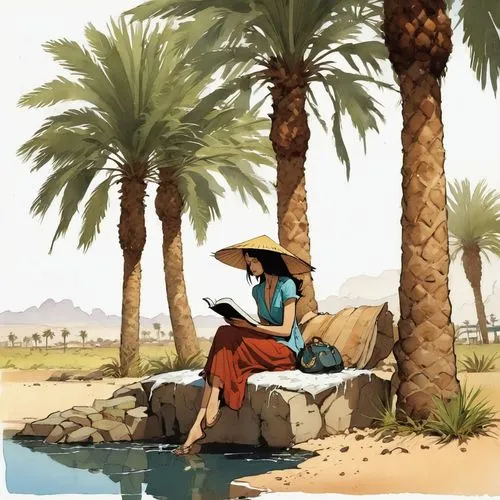 shadegan,taroudant,date palm,woman at the well,date palms,jerba,Illustration,Children,Children 04