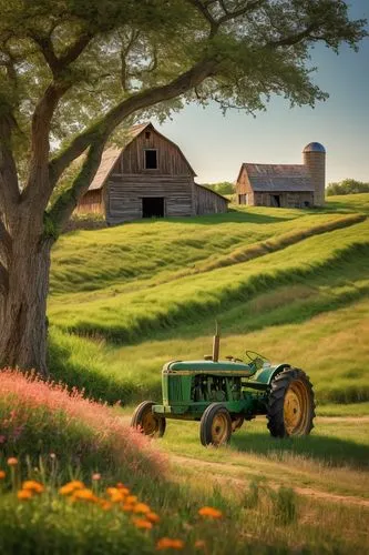 Rustic farmhouse, wooden barn, stone wall, green roof, countryside landscape, rolling hills, sunny afternoon, warm light, vintage tractor, haystacks, wildflowers blooming, old oak tree, lazy cat sleep