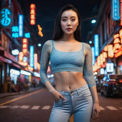 A beautiful Asian woman with a face similar to Fan Bingbing, wearing a light blue stretch crop top, showing off her stomach, and tight, low-waisted white jeans. Standing in the middle of the road in C