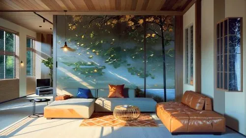 sunroom,japanese-style room,sitting room,living room,bamboo curtain,livingroom,gournay,contemporary decor,fromental,great room,interior decoration,home interior,wallcoverings,modern decor,beautiful home,interior decor,window curtain,interior design,interior modern design,family room,Anime,Anime,Realistic