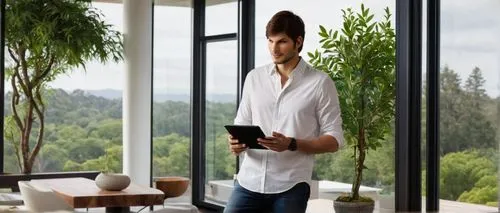 Ashton Kutcher, modern architect, standing, casual attire, white shirt, dark jeans, sneakers, holding a tablet, gesturing, modern villa, large glass windows, minimalist interior design, sleek lines, w