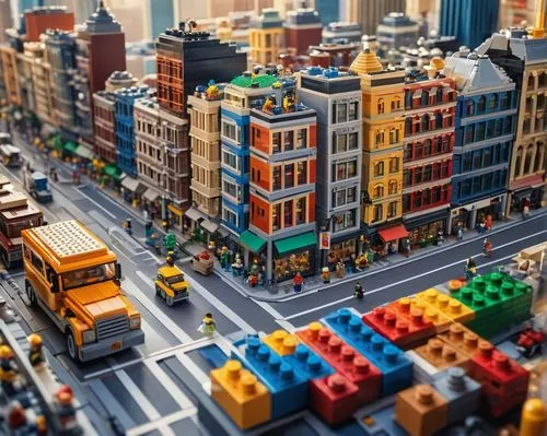 Colorful Lego bricks, intricate architectural details, modern cityscape, bustling streets, skyscrapers, urban landscape, morning sunlight, soft shadows, vibrant hues, detailed mini-figures, busy scene