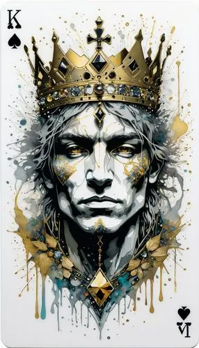 a painting of the king of spades with paint splatters on it,kingsale,king crown,kingstream,kinglist,kingnote,kingship,Illustration,Paper based,Paper Based 13