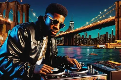 Rap album cover, 1990s, old-school hip hop, vinyl record, graffiti background, cityscape, Brooklyn Bridge, nighttime, streetlights, bold colorful fonts, cassette tape, boombox, DJ spinning records, tu