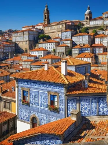 Rococo-style architecture, Porto cityscape, Portugal, historic center, colorful tiles, ornate facades, grandiose windows, intricate stone carvings, vibrant blue and white azulejo patterns, red-tiled r