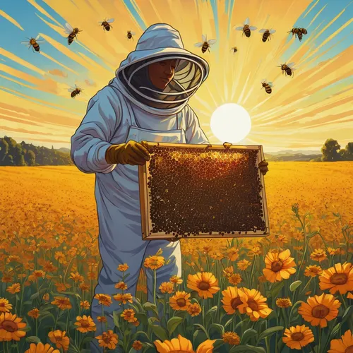 Beekeeper, holding beehive frame of honey up to the sun, in field full of flowers,beekeeper,beekeeping,beekeepers,pollinate,swarm of bees,bee farm,pollinator,bee colony,bee keeping,beekeeper plant,bee