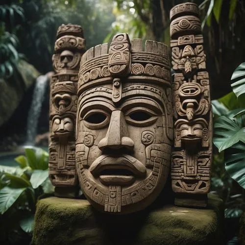 Swimming pools with stone slides and like-natural falls, wood masks and wood Aztec totems. ,olmec,pakal,palenque,png sculpture,tlaloc,polyneices,mesoamerica,amazonians,carvings,mesoamerican,amazonica,