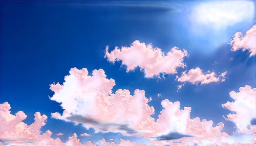 Vibrant blue sky, white puffy clouds, cumulus shape, gentle wisps, soft sunlight filtering through clouds, panoramic view, 1/3 composition, shallow depth of field, warm color tone, cinematic lighting.