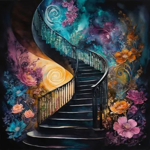 Double exposure of a spiralling staircase blending into my mind's abyss with flowery mysticism, face side on, double exposure art, alcohol ink colour painting,escaleras,escalera,winding steps,stairway