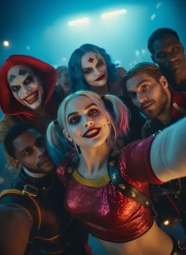 the suicide squad in a selfie like in a movie scene,an animation picture of a group of jokers,harley quinn,riverdale,harley,cirque,titans,xcx,Photography,General,Cinematic